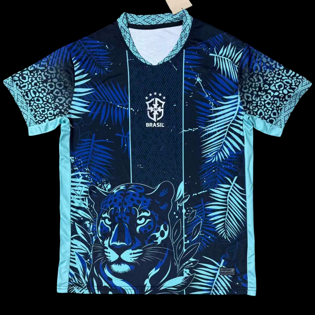 Brazil Blue Soccer Jersey with jaguar and jungle print design